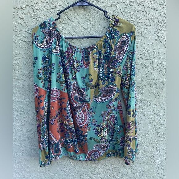 EUC KAREN KANE Long Sleeve Multicolored Paisley Tie-Neck Blouse Medium - Picture 2 of 10